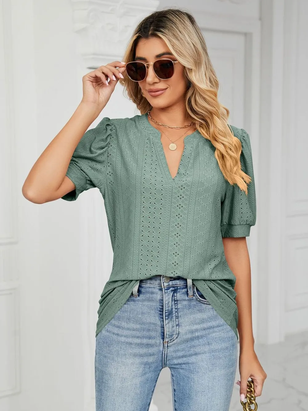 Eyelet Notched Short Sleeve T-Shirt, image 14