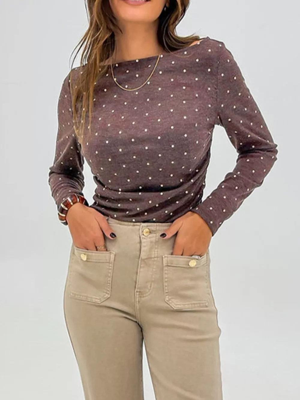 Polka Dot Boat Neck Knit Long Sleeve T Shirt, image 2