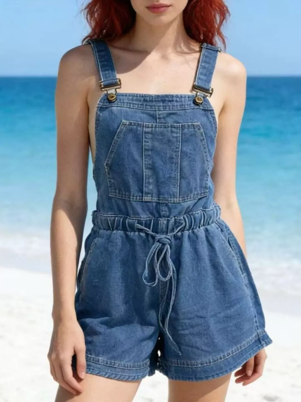 Casual Tie Back Denim Overall Shorts, image 2