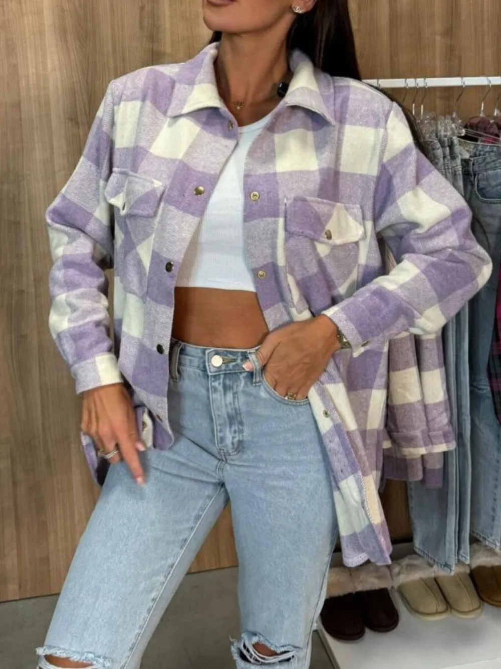 Plaid Button-Down Long Sleeve Shacket, image 9