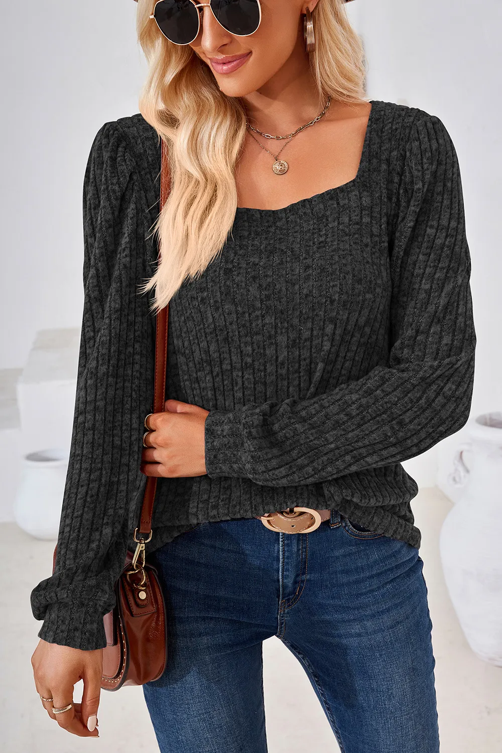 Ribbed Square Neck Long Sleeve T-Shirt, image 6