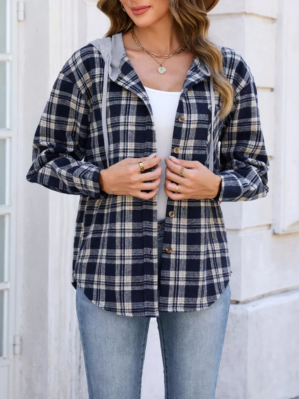 Hooded Plaid Button-Up Shacket, image 2