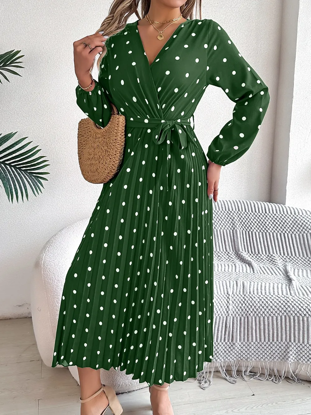Tied Polka Dot Long Sleeve Midi Dress, image 20