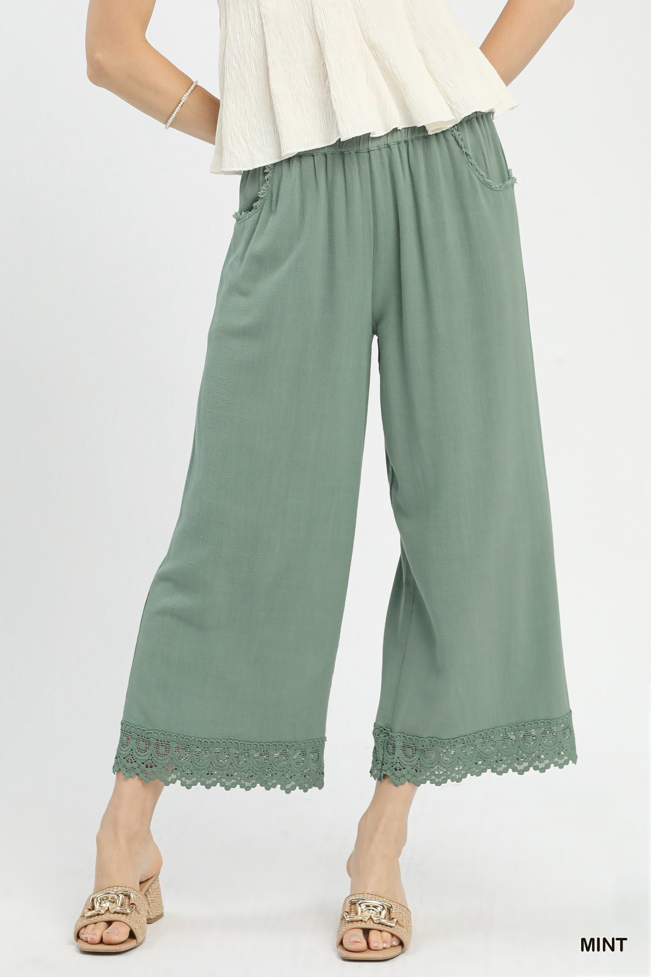 Linen Wide Leg Cropped Pants with Lace Trim
