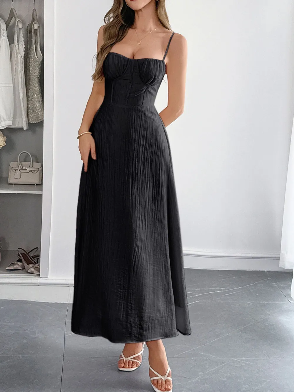 Texture Sweetheart Neck Backless Cami Dress, image 2