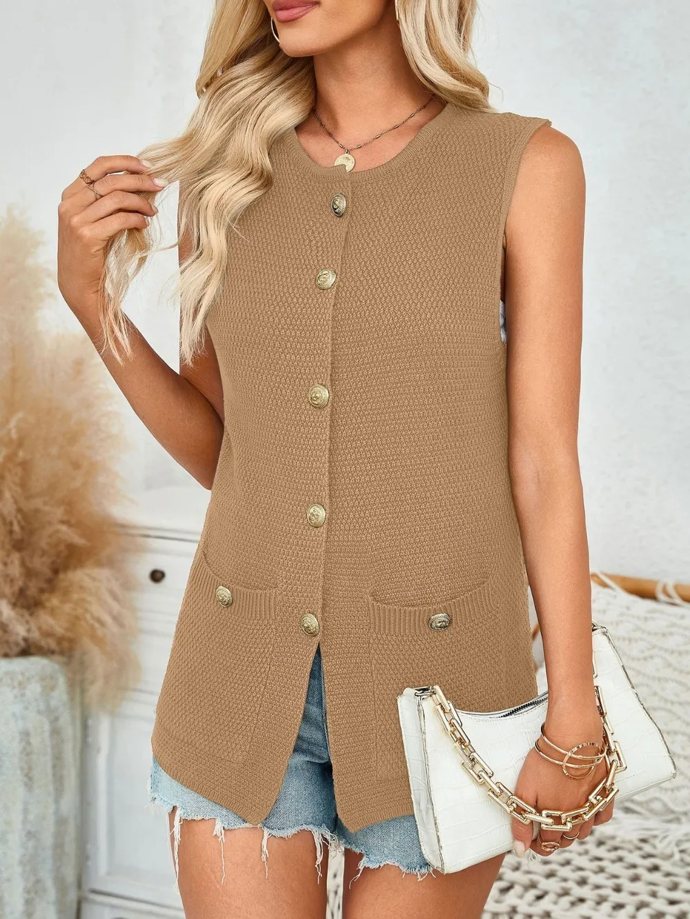 Button Down Round Neck Knit Vest, image 9