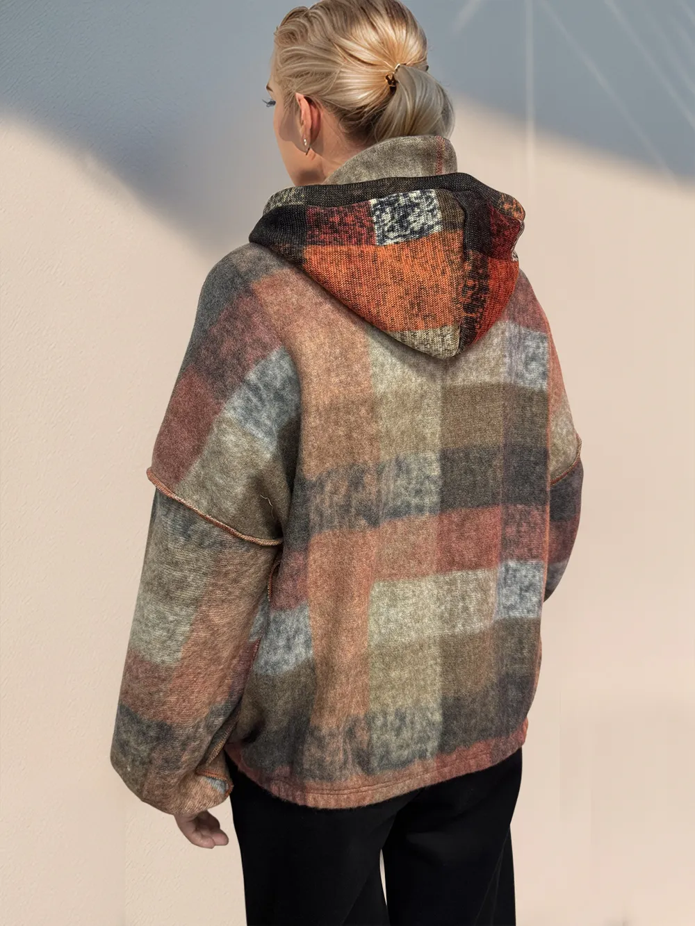 Full Size Half Zip Exposed Seam Fleece Hoodie, image 2