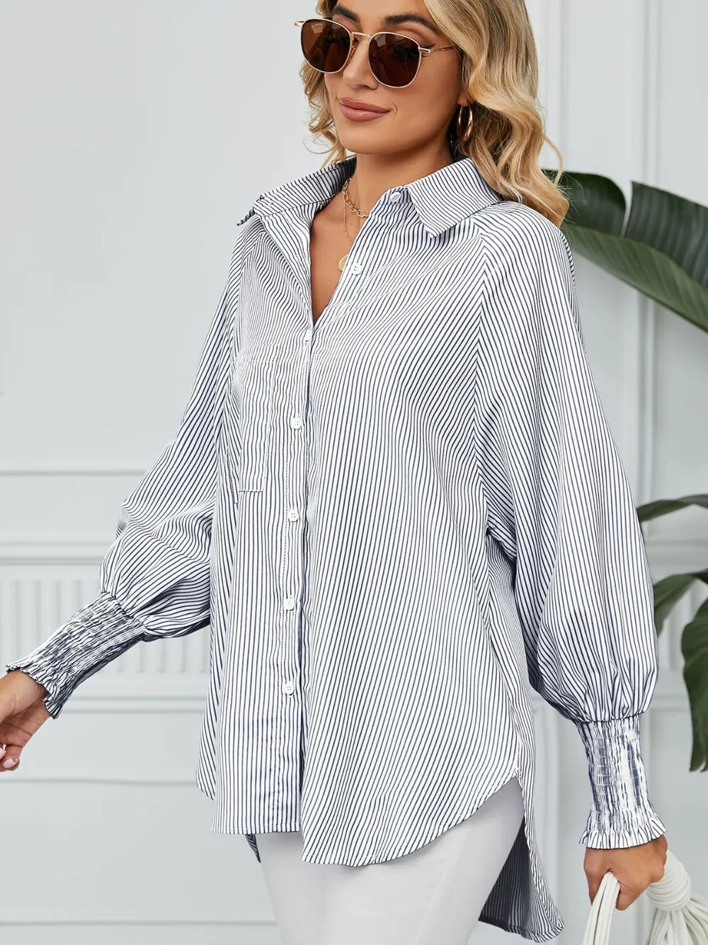 Striped Collared Neck Long Sleeve Shirt, image 2