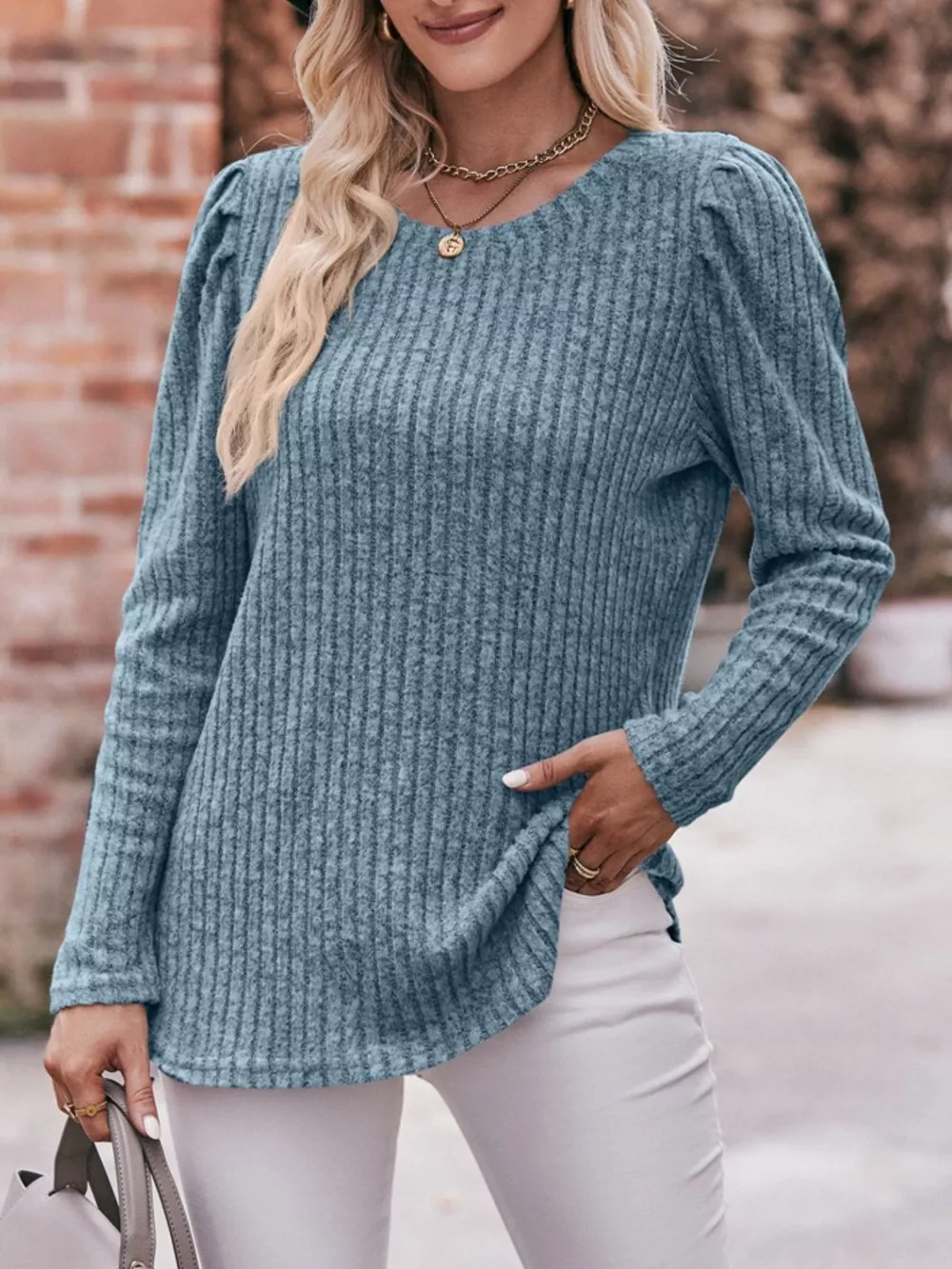 Ribbed Knit Puff Sleeve T-Shirt, image 13