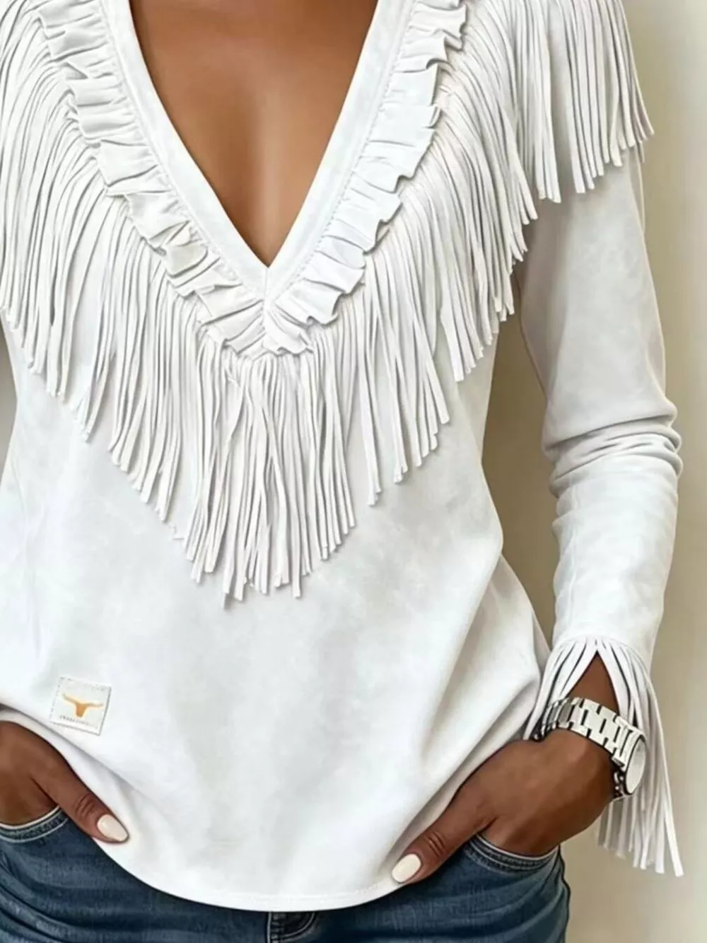 Fringed V-Neck Blouse, image 24