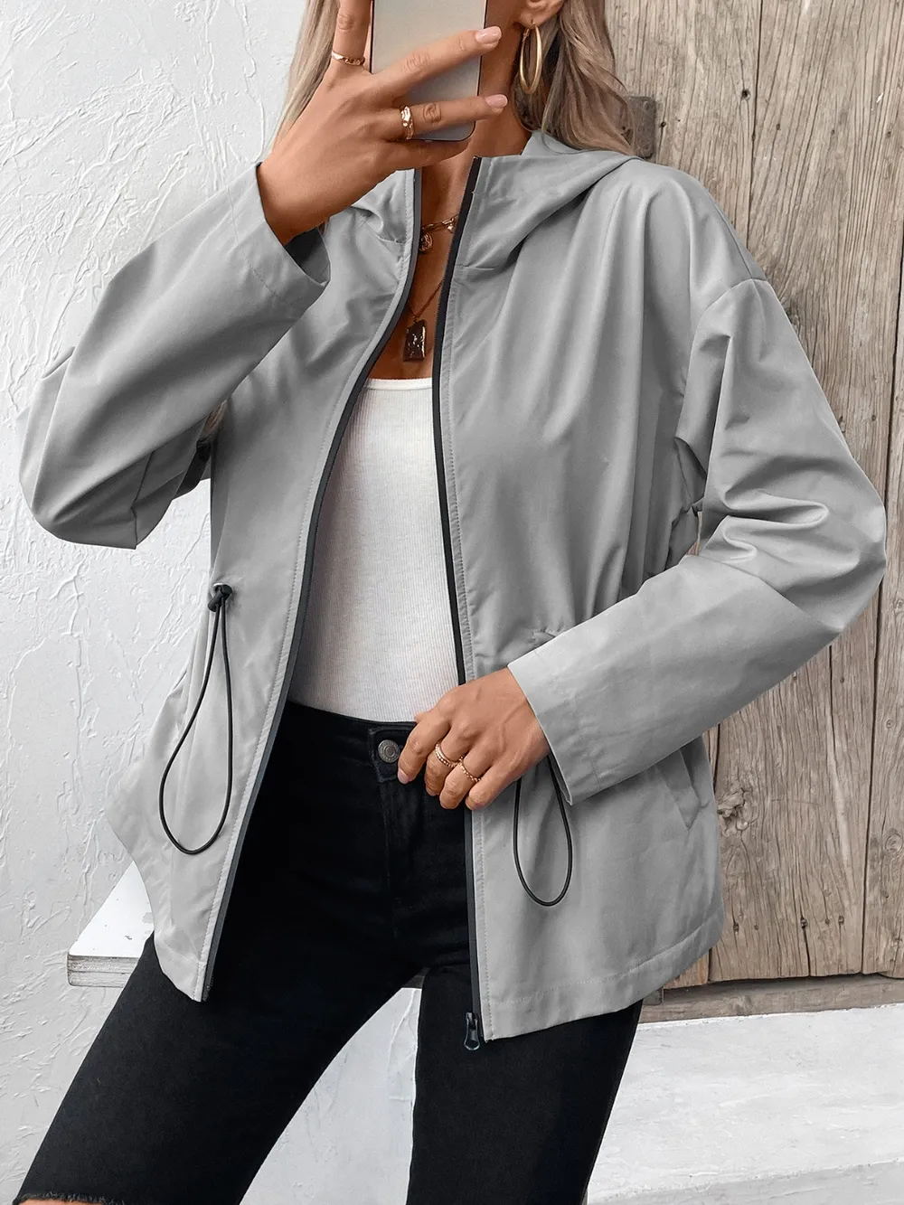 Drawstring Zip Up Hooded Jacket, image 5
