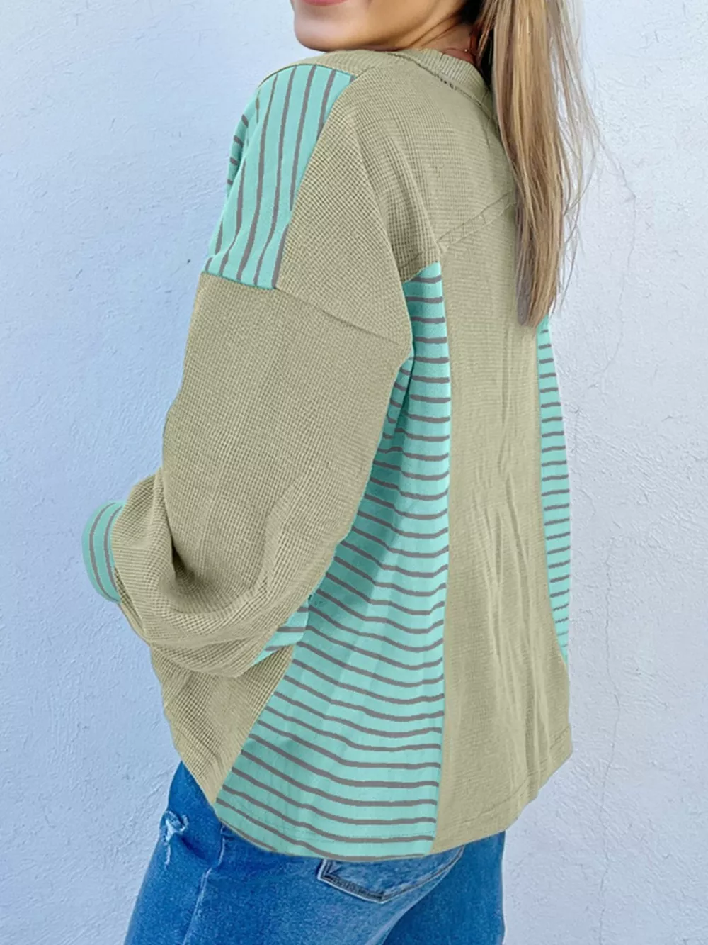 Exposed Seam Waffle Striped Patchwork Baggy Blouse, image 2