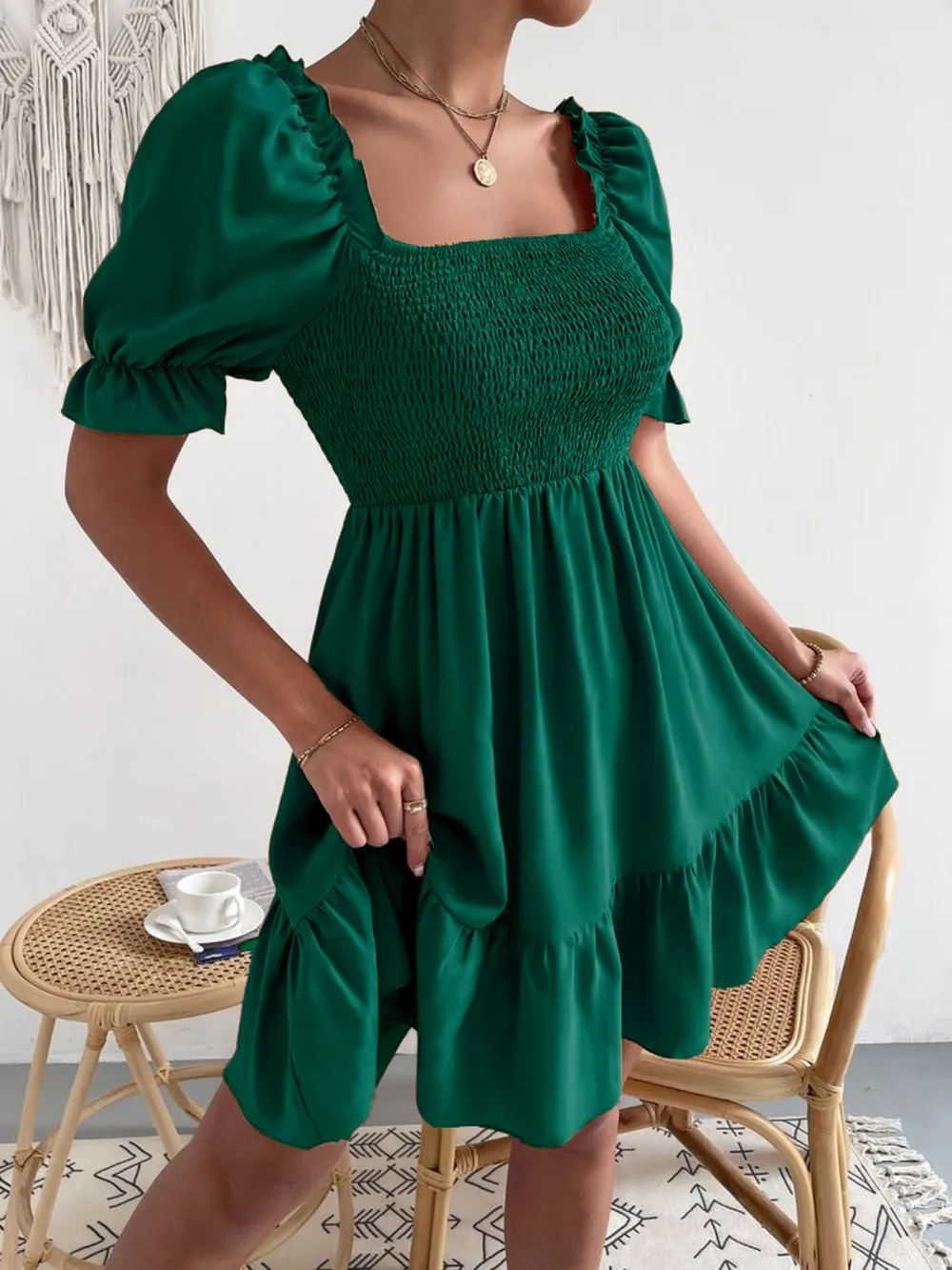 Smocked Square Neck Short Sleeve Dress, image 5