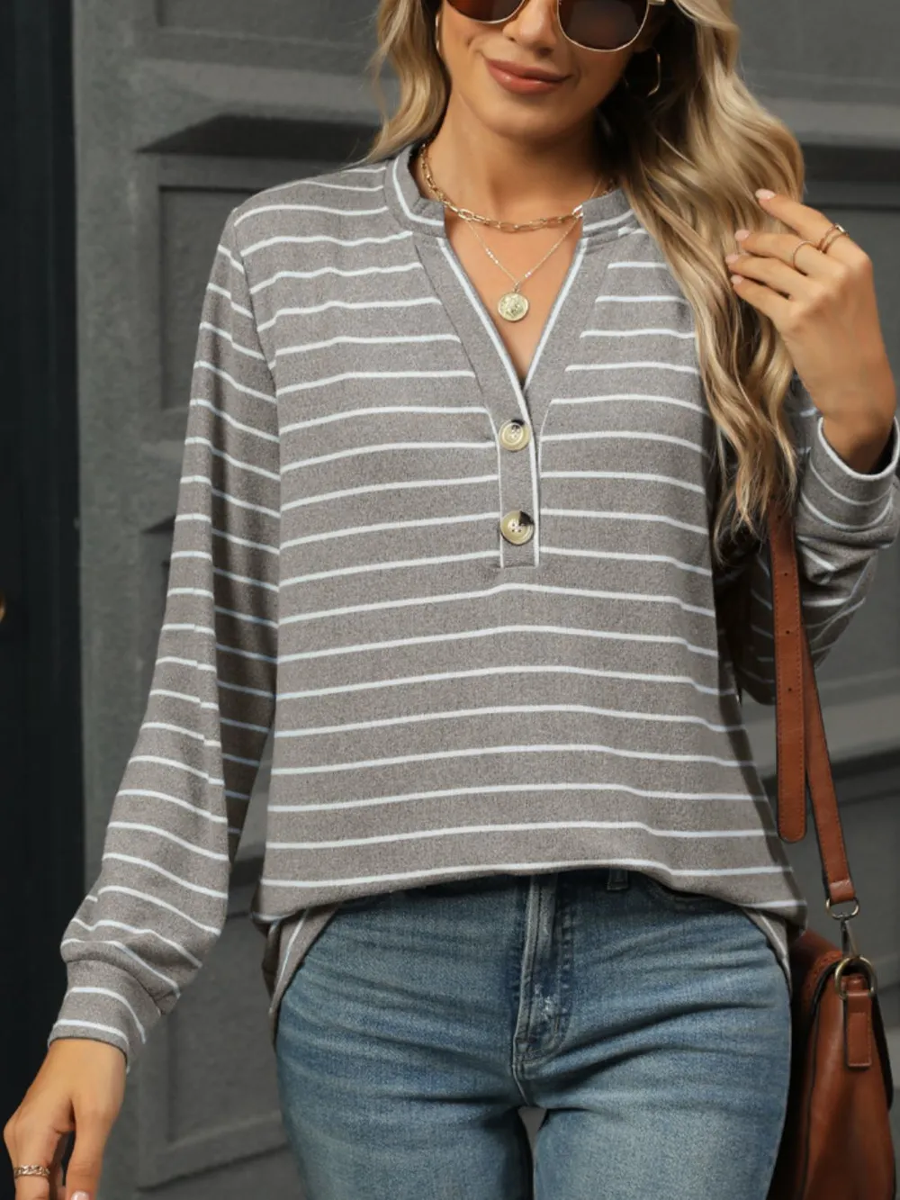 Striped Notched Long Sleeve T-Shirt, image 13