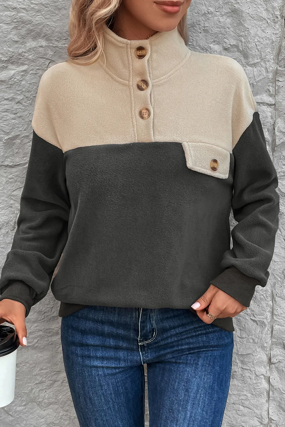 Color Block Quarter Button Dropped Shoulder Sweatshirt, image 5