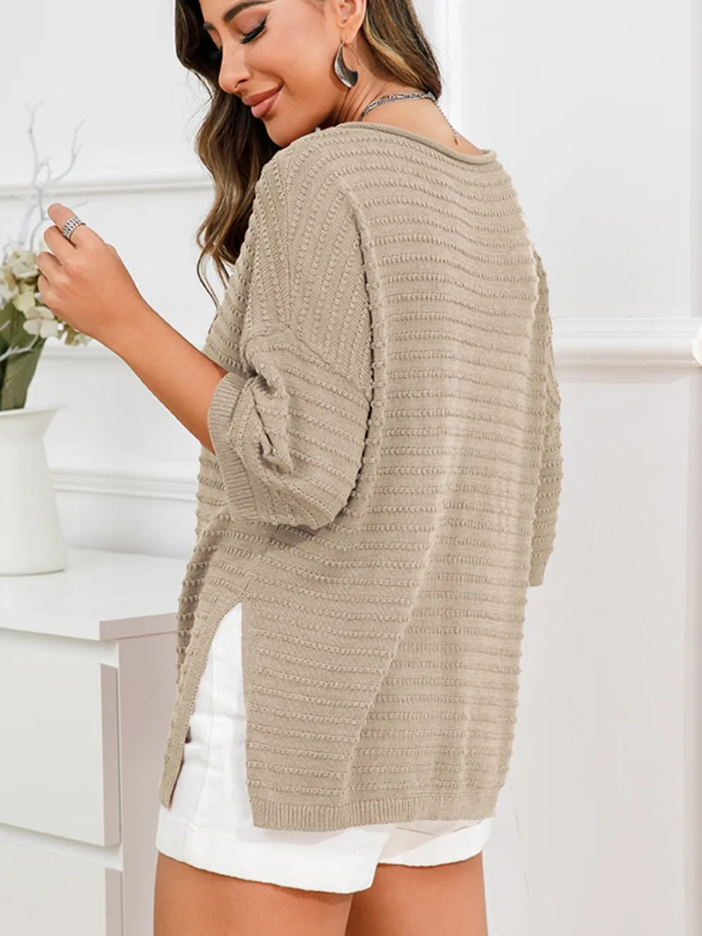 Rolled Round Neck Dropped Shoulder Slit Sweater, image 19