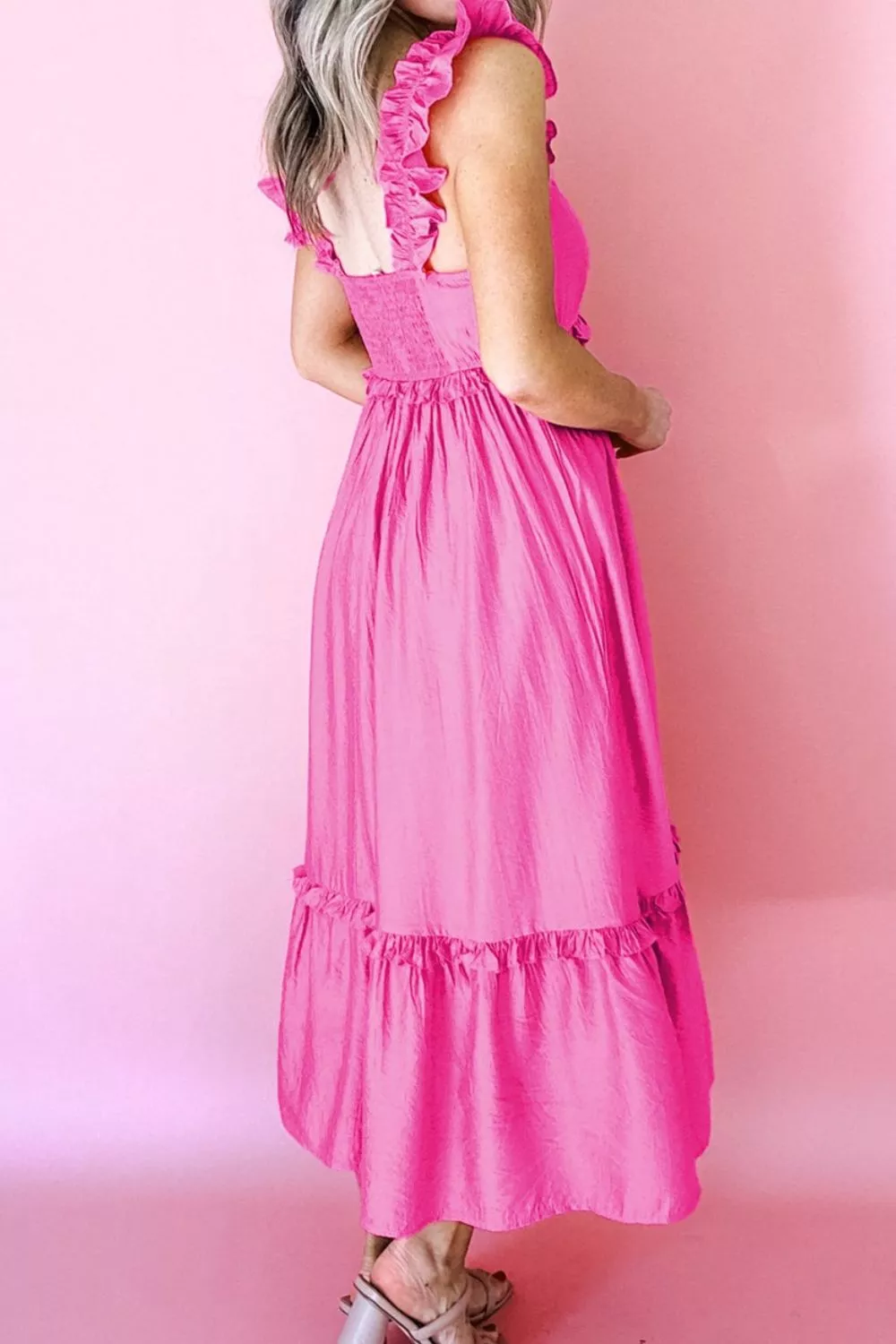 Solid Color Ruffle Trim High Waist Sleeveless Maxi Dress, image 2