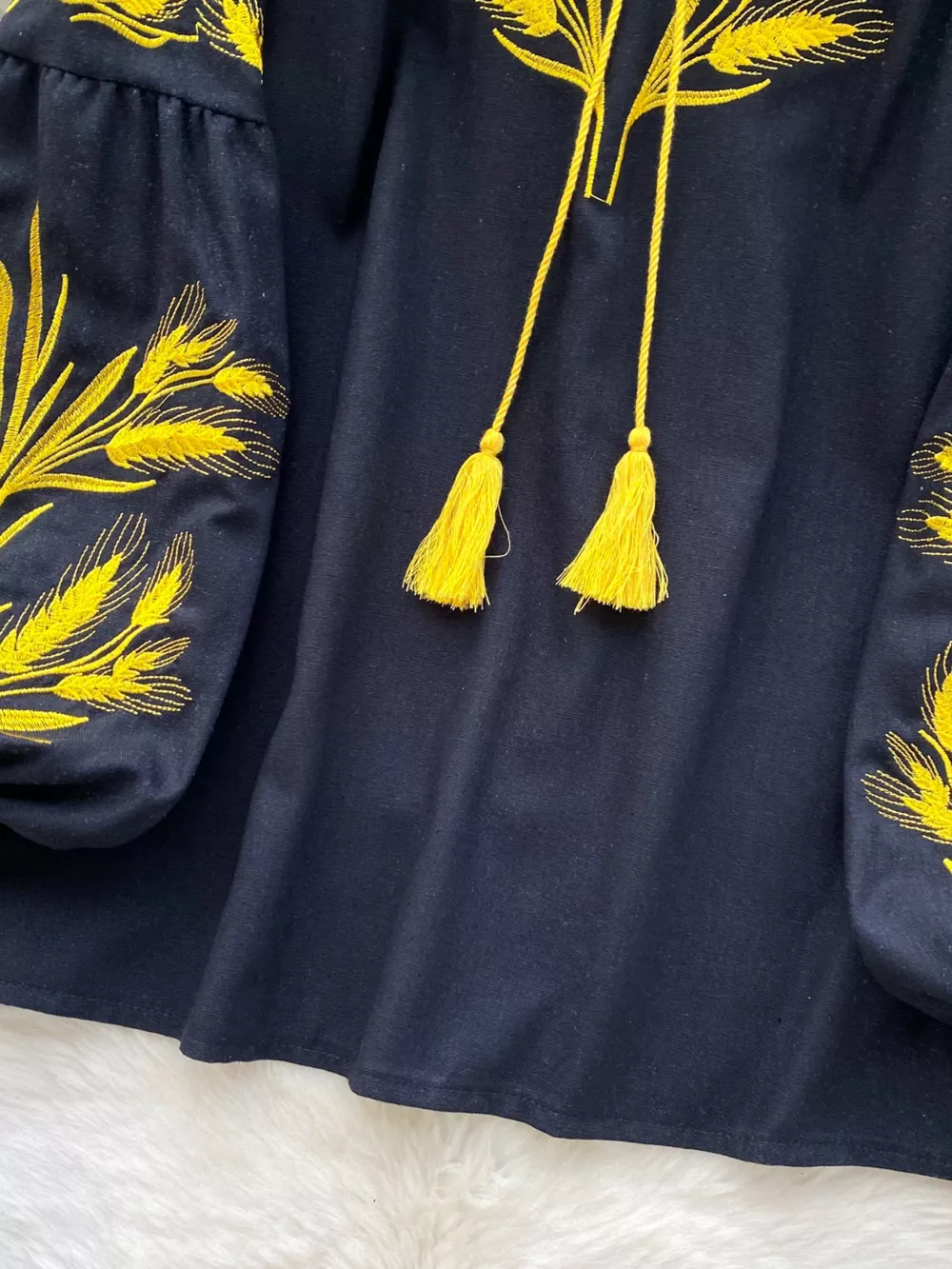 Embroidered Wheat Pattern Tie Neck Blouse, image 6