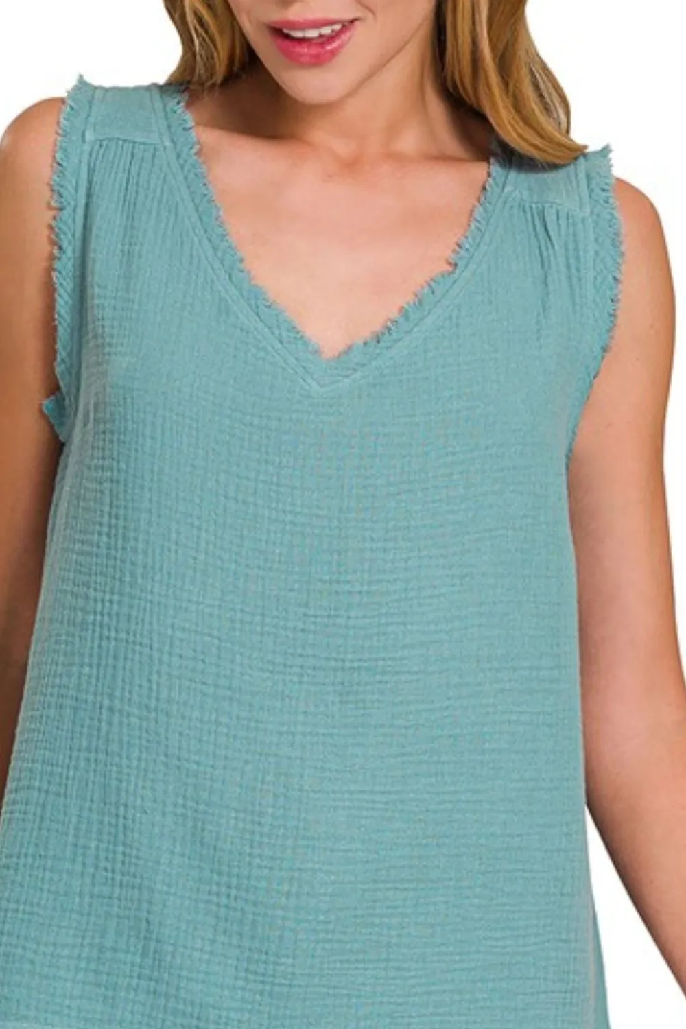 Double Gauze Raw Edge V-Neck Tank, image 2