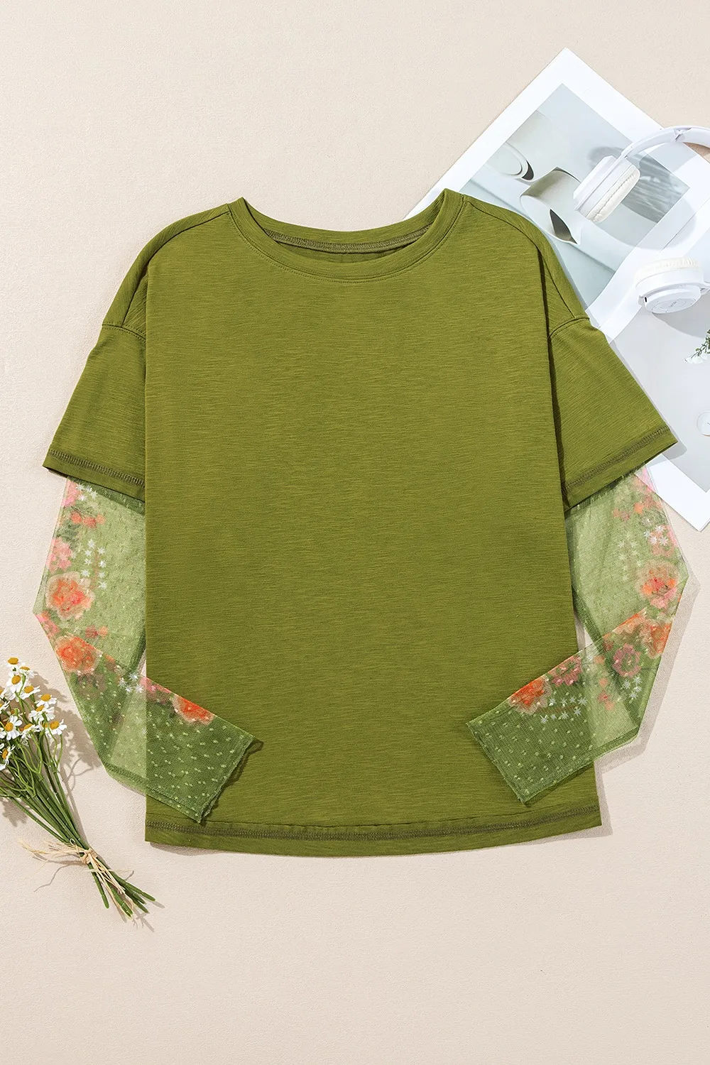 Round Neck Mesh Long Sleeve T-Shirt, image 2
