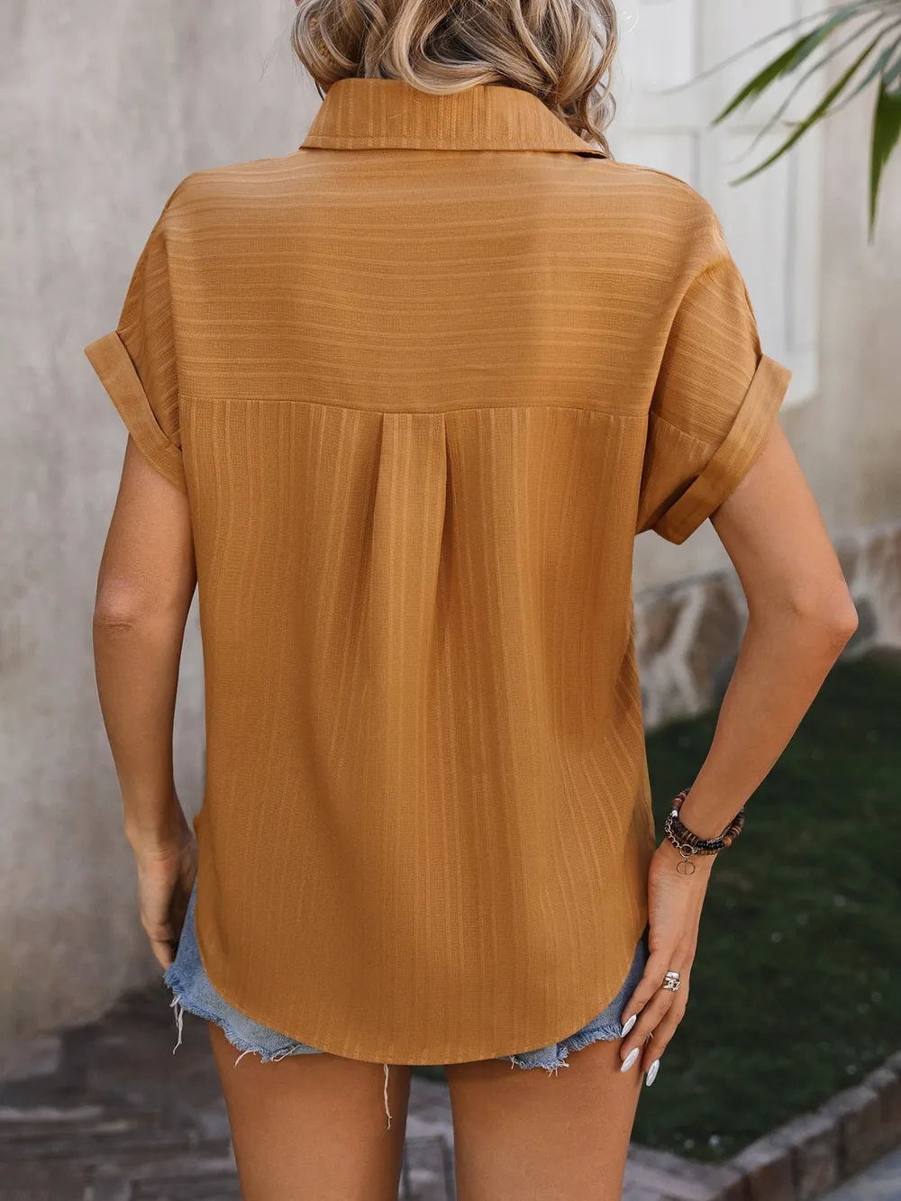 Textured Button Up Cap Sleeve Shirt, image 12