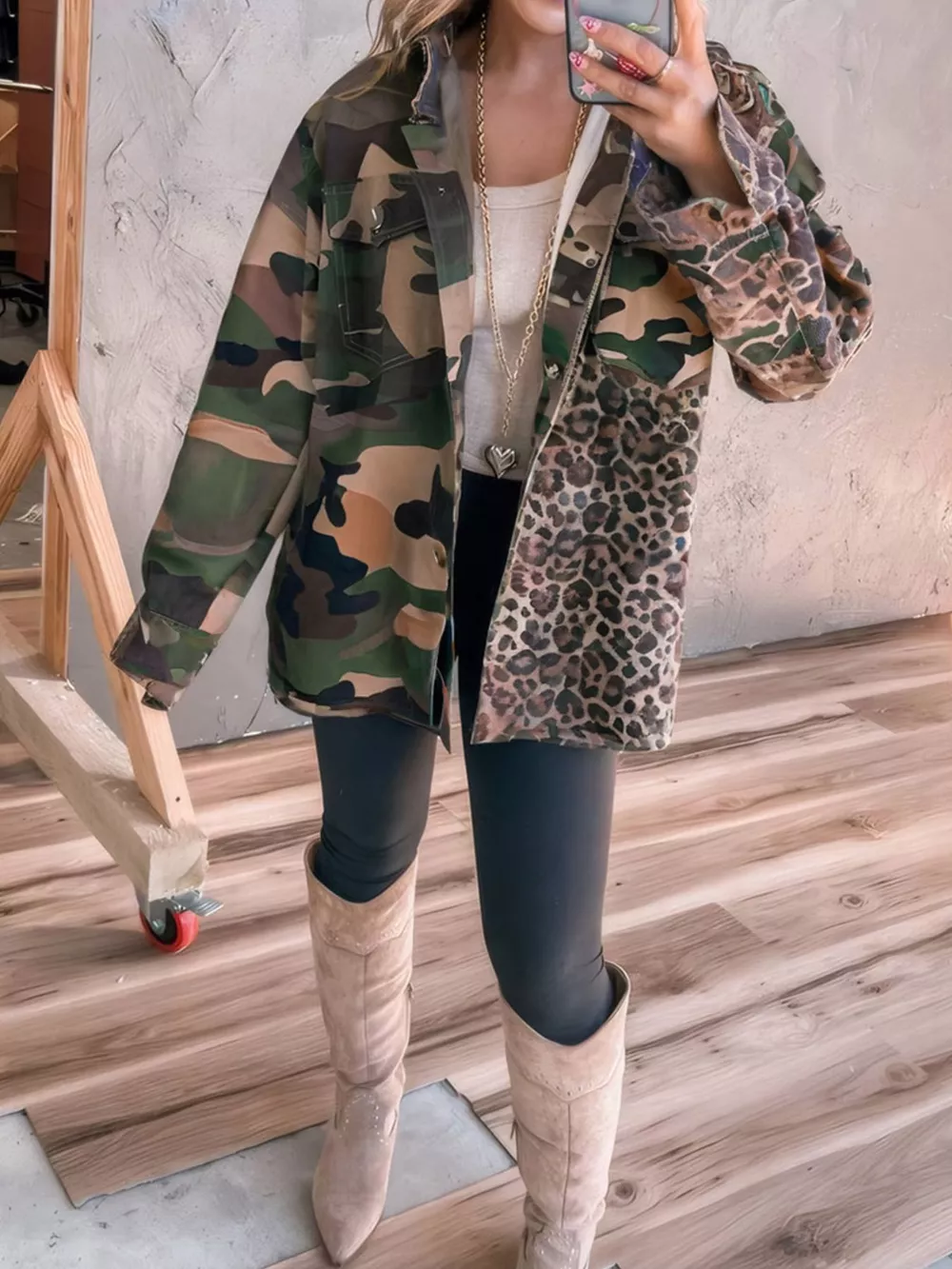 Camouflage Leopard Print Mixed Pattern Oversized Jacket, image 2