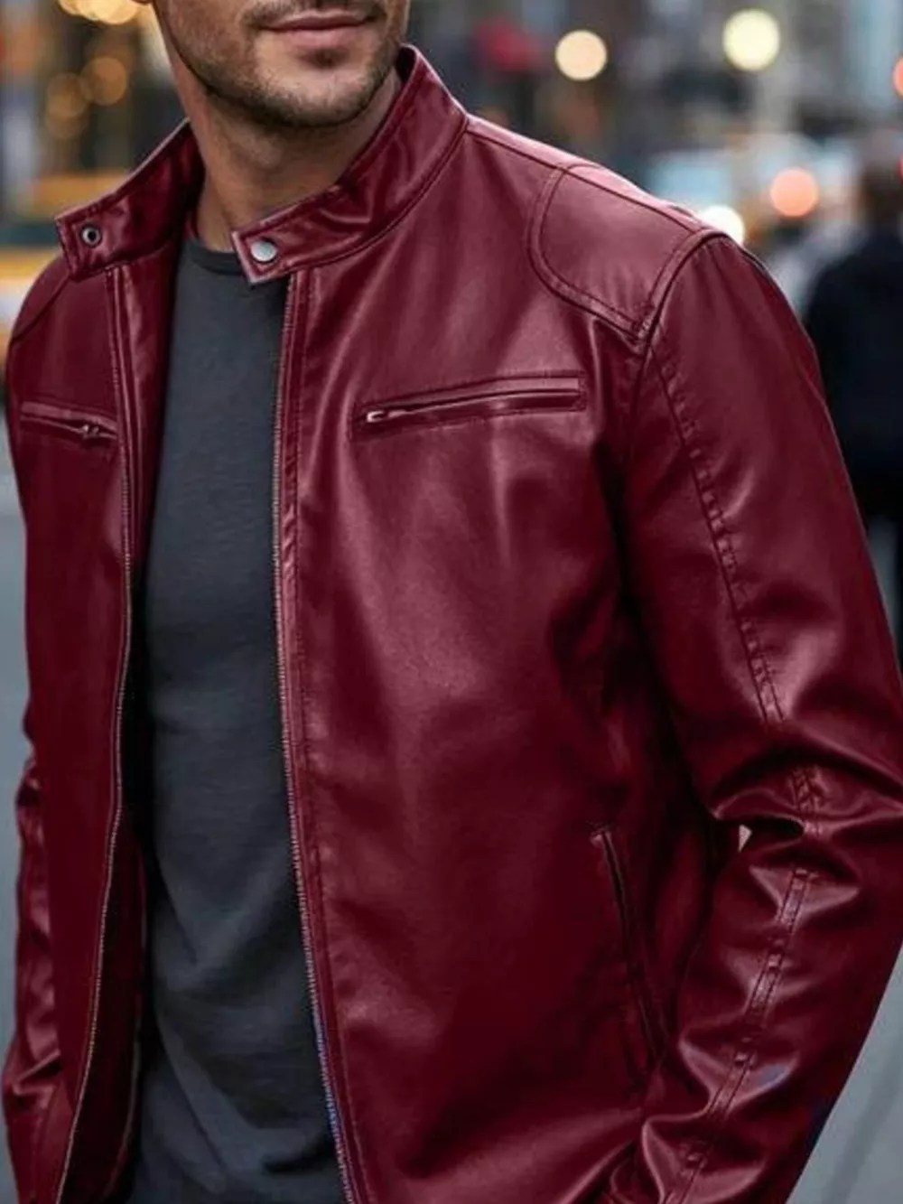 Men's Full Size Faux Leather Bomber Jacket with Zipper Pockets Plus Size, image 13