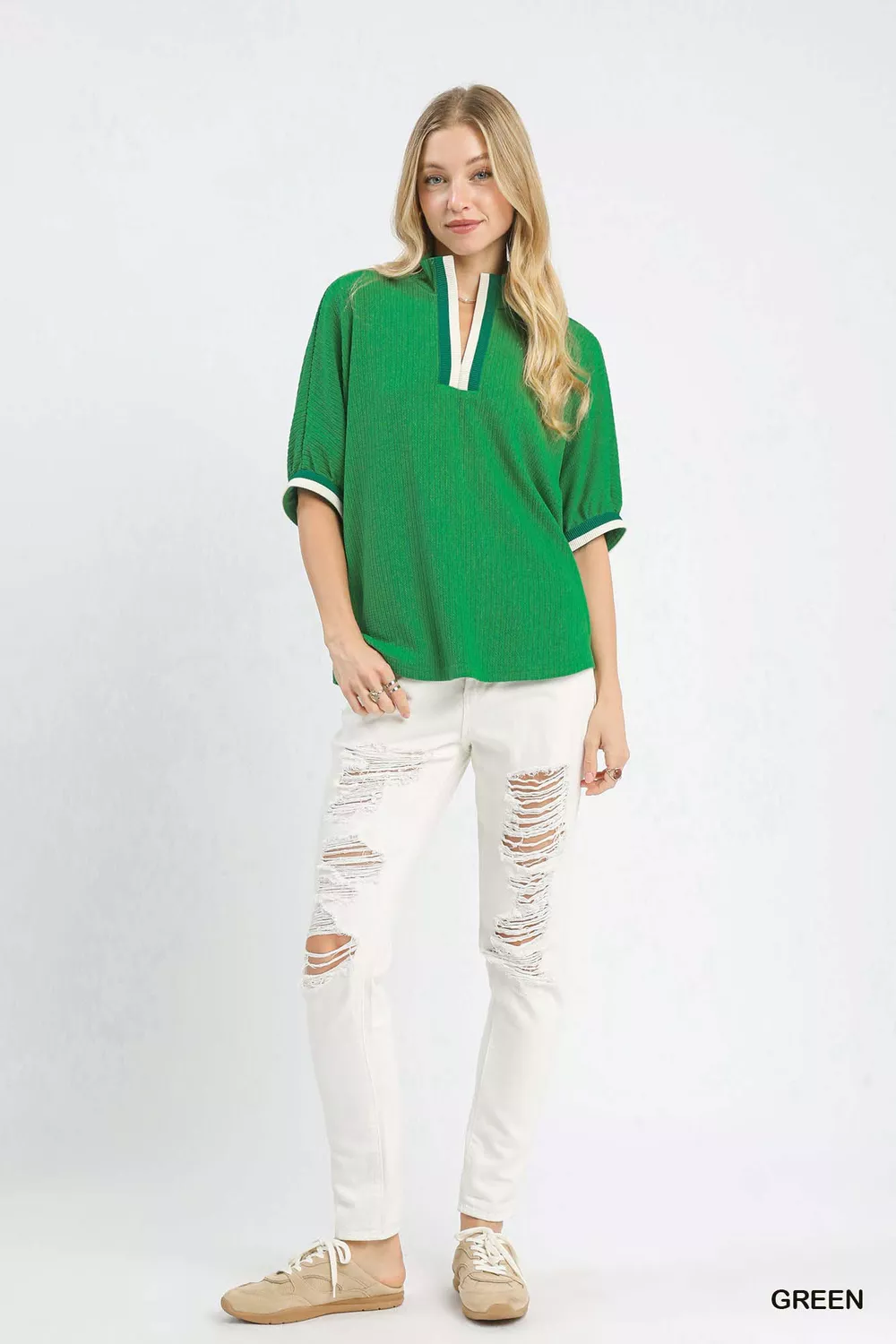Textured Knit Top with Striped Contrast Trim, image 2