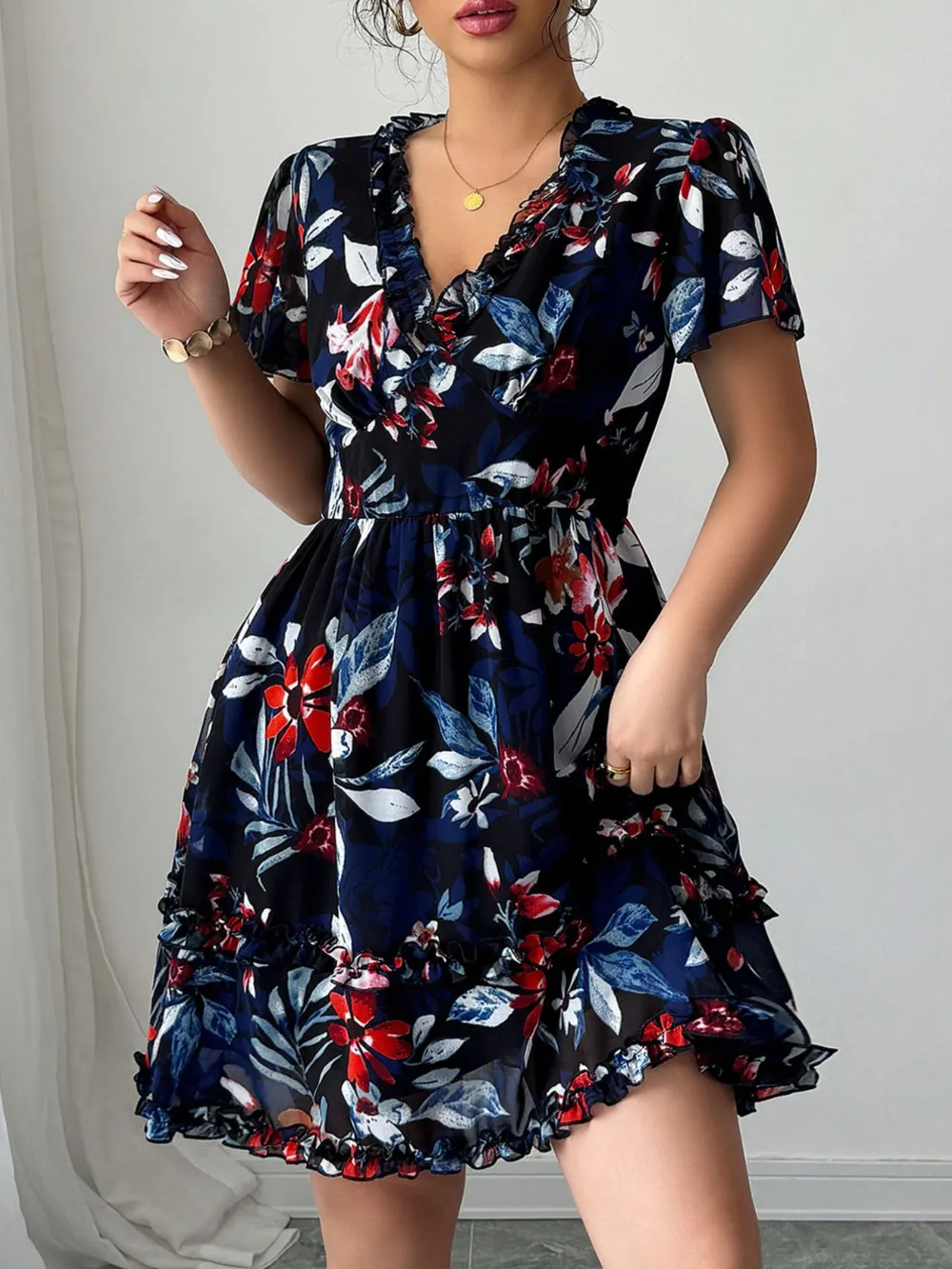 Floral Wrap Dress with Flutter Sleeves, image 3