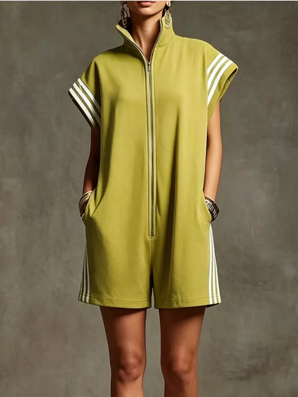 Striped Zip Front Short Sleeve Romper, image 13