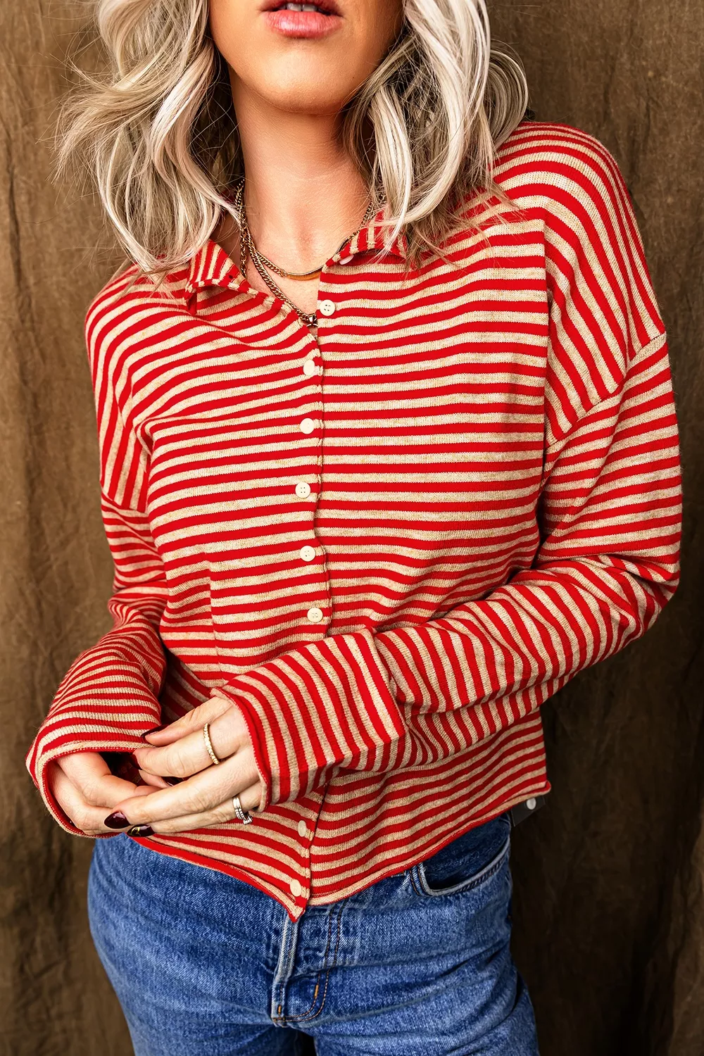 Stripe Striped Button Collar Long Sleeve Knit Cardigan, image 2