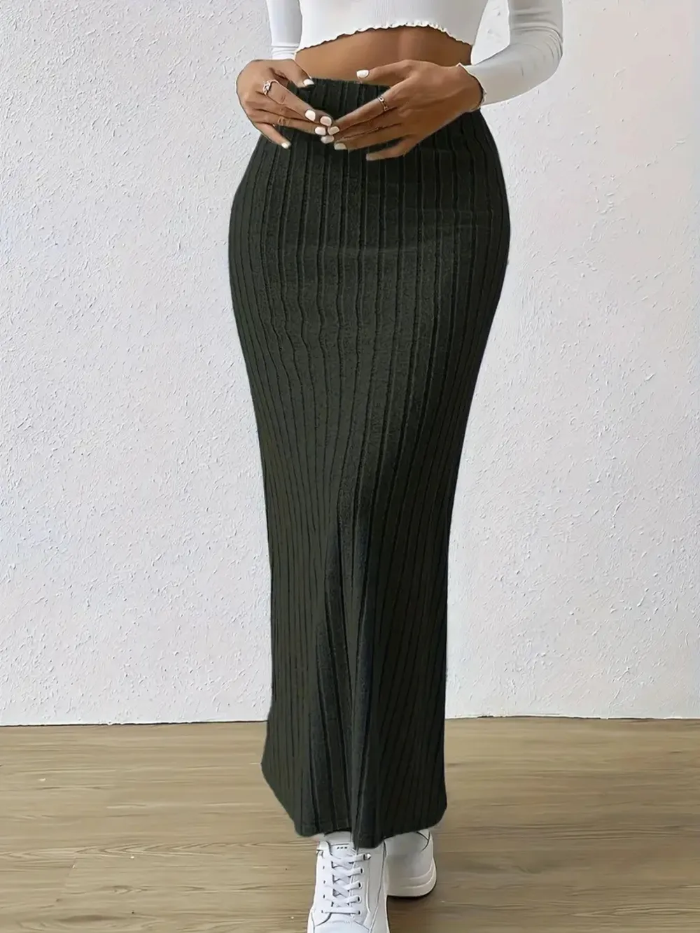 High Waist Ribbed Knit Maxi Skirt, image 3