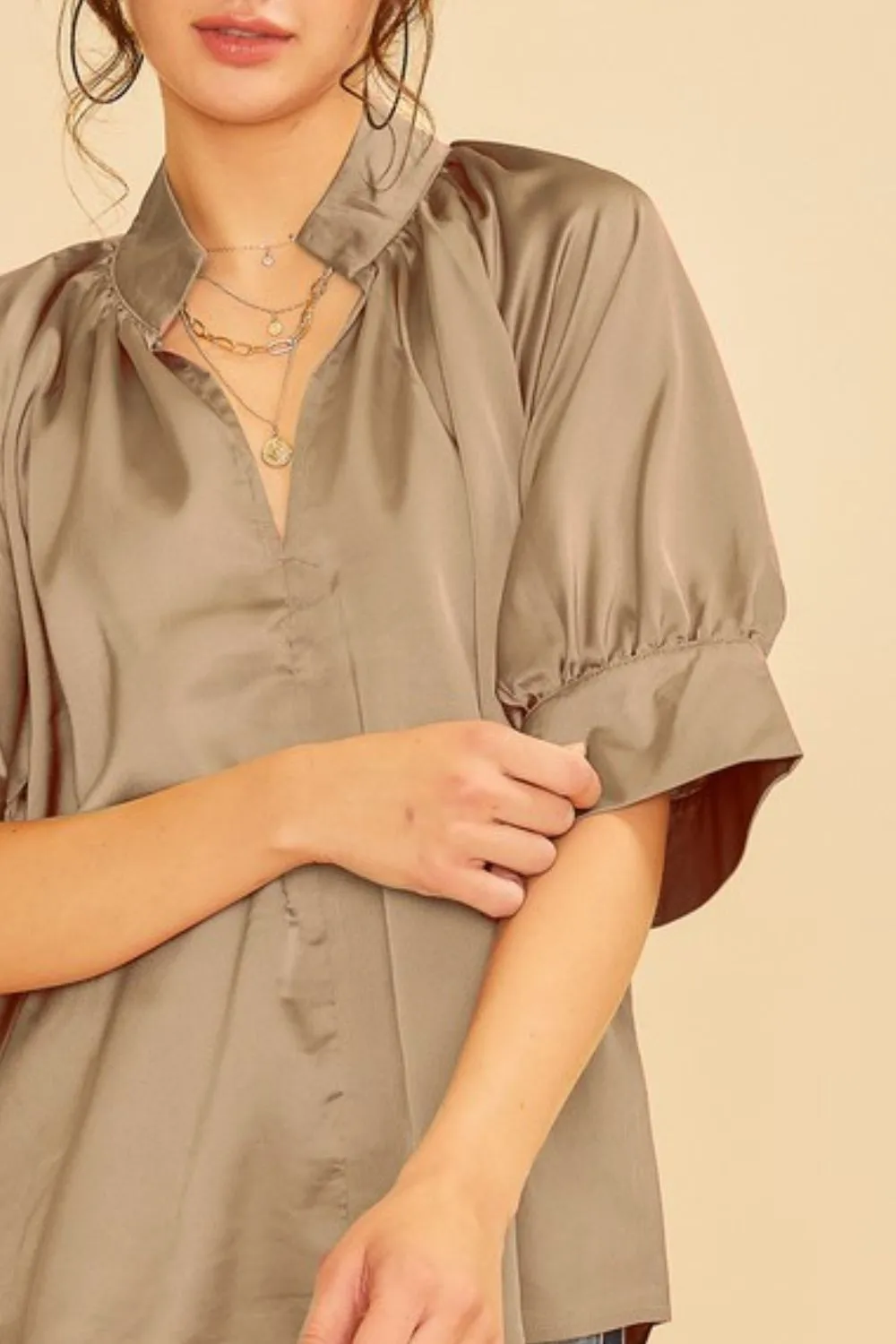 Satin V Neck Open Short Sleeve Woven Blouse Top, image 2