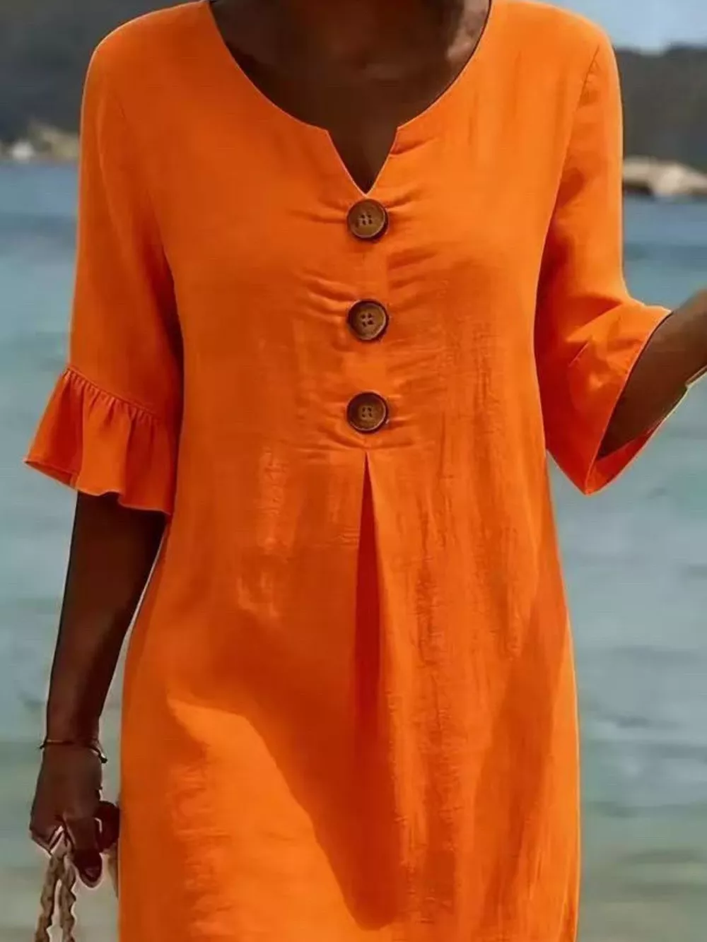 Full Size Decorative Button Ruffle Half Sleeve Dress Plus Size, image 13