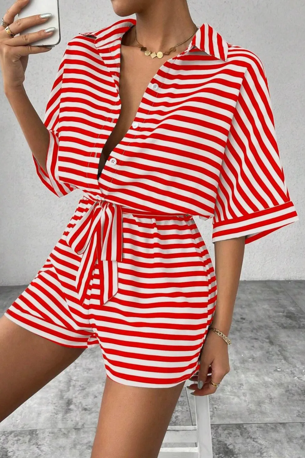 Striped Collared Neck Tie Waist Romper, image 6