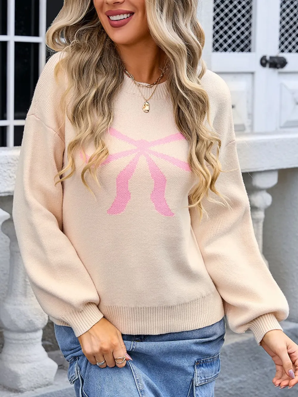 Bow Graphic Round Neck Long Sleeve Sweater, image 10