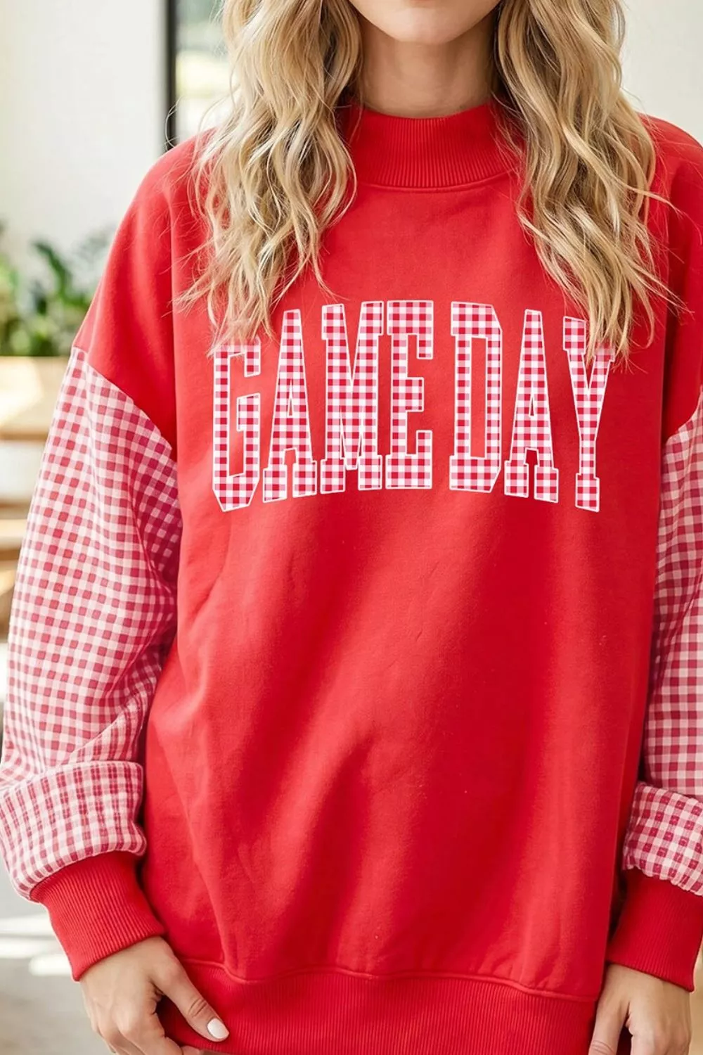 Game Day Plaid Sleeve Mock Neck Sweatshirt, image 3