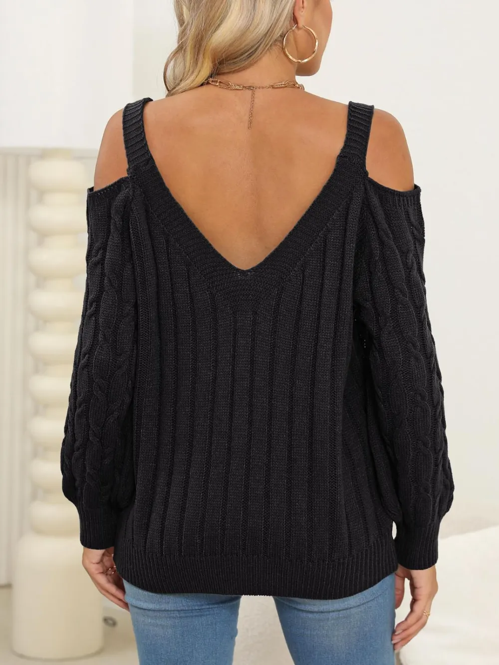 Cable-Knit V-Neck Long Sleeve Sweater, image 9