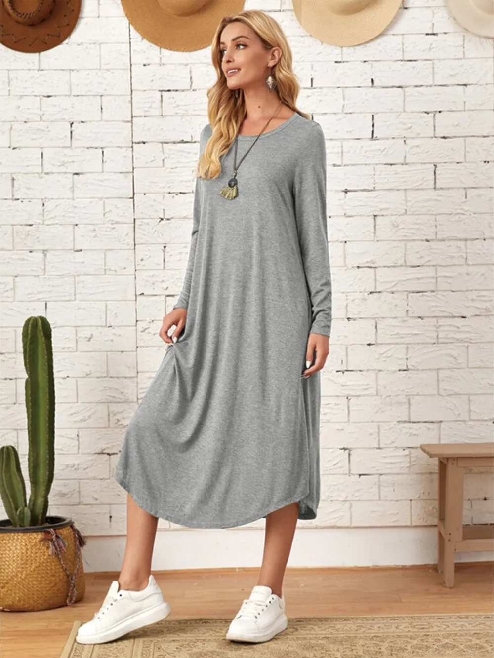 Pocketed Round Neck Long Sleeve Tee Dress, image 4