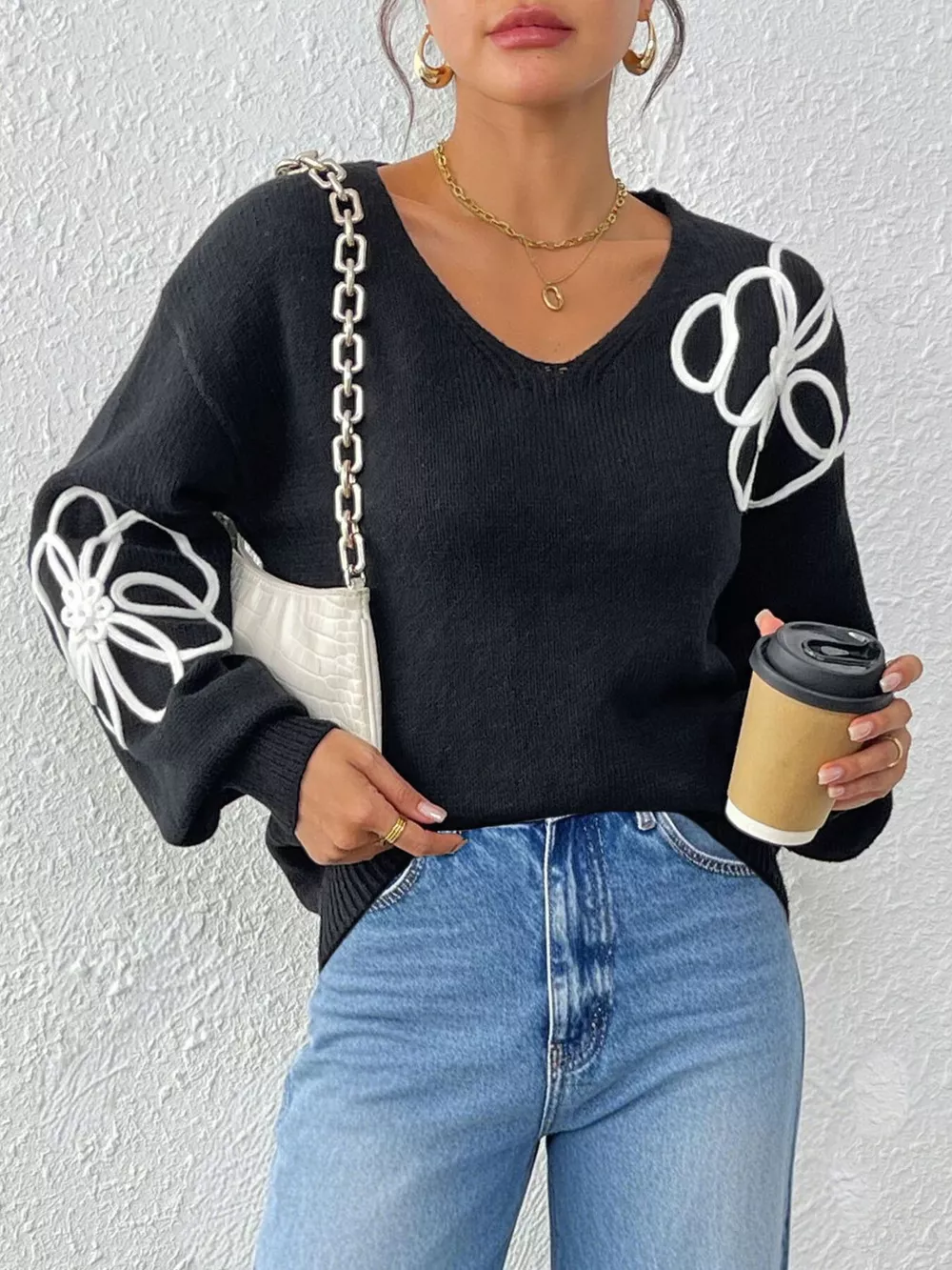 Flower V-Neck Dropped Shoulder Sweater, image 4