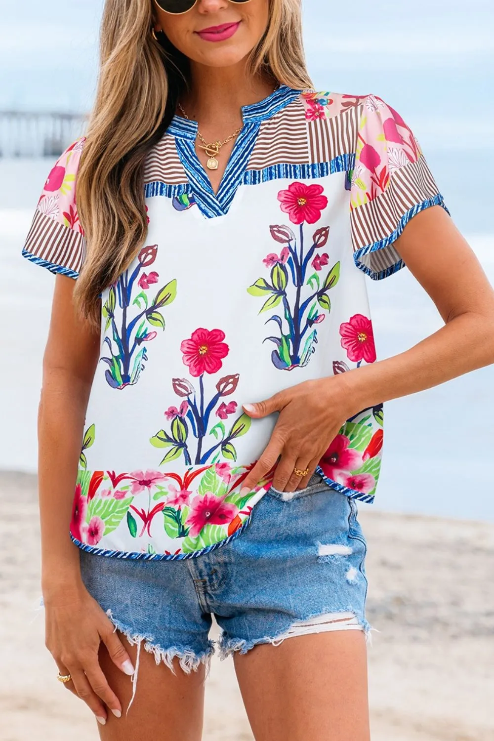 Floral Striped Patchwork Short Sleeve Split Neck Blouse, image 2