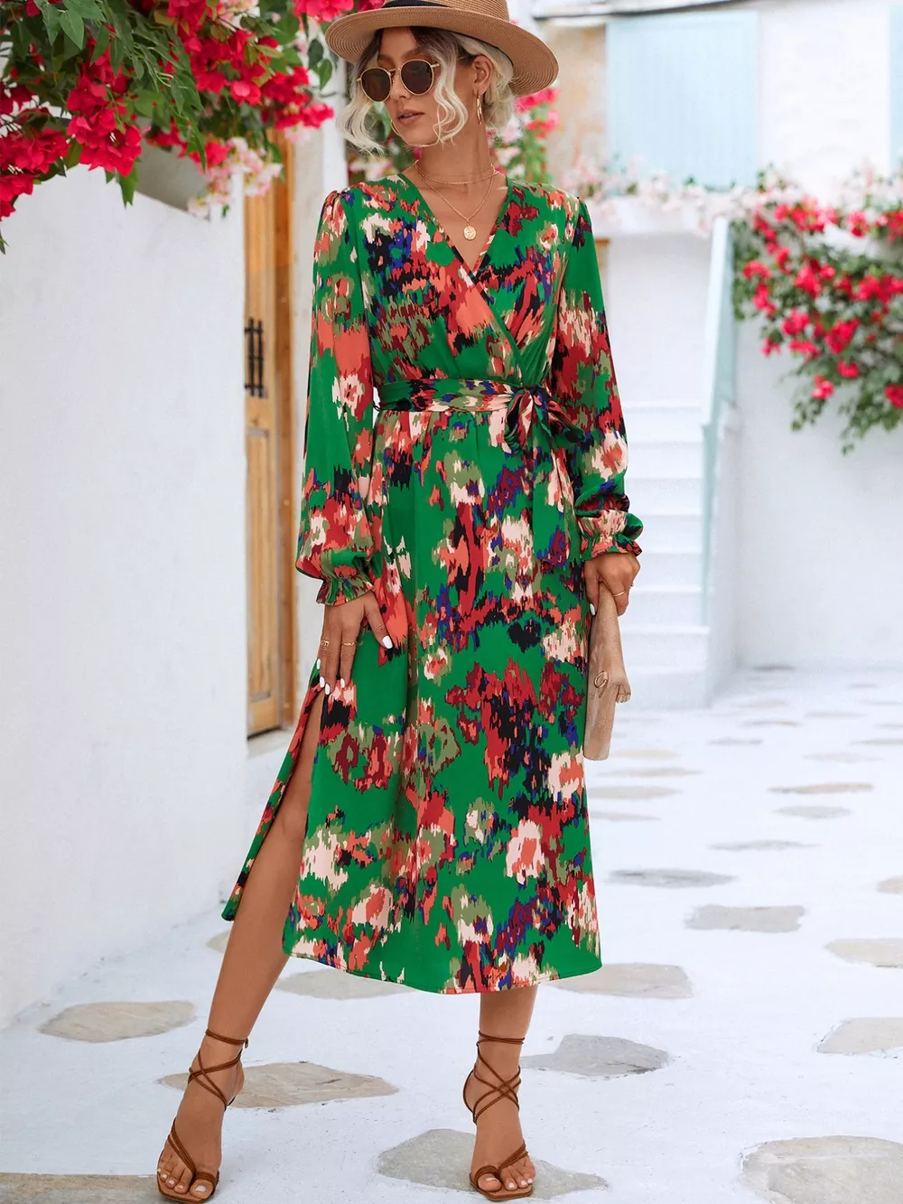 Printed Surplice Long Sleeve Midi Dress, image 2