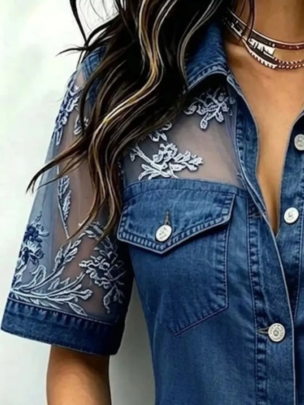 Full Size Denim Look Lace Short Sleeve Shirt Plus Size, image 4