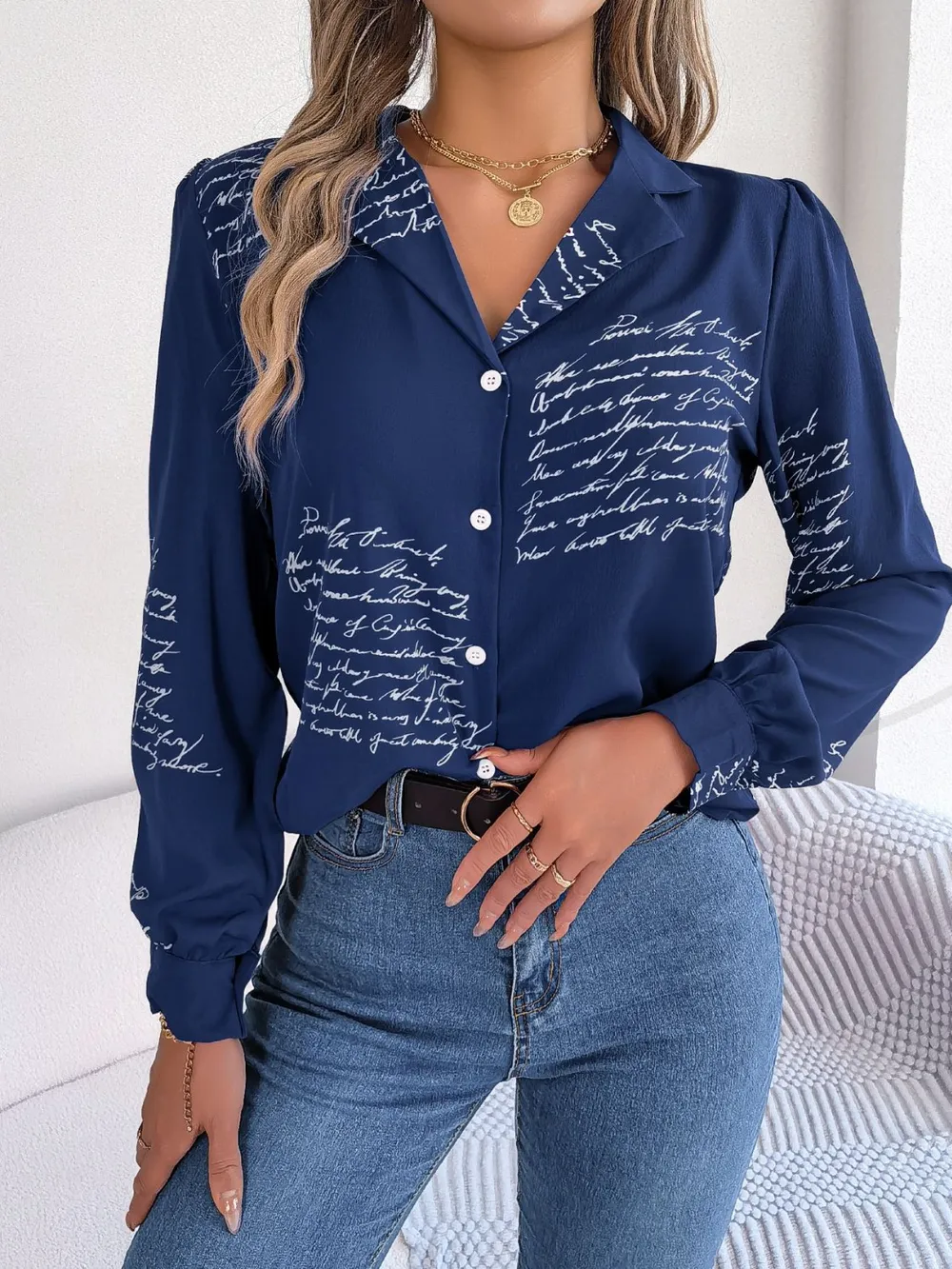 Letter Printed Button Up Long Sleeve Blouse, image 10