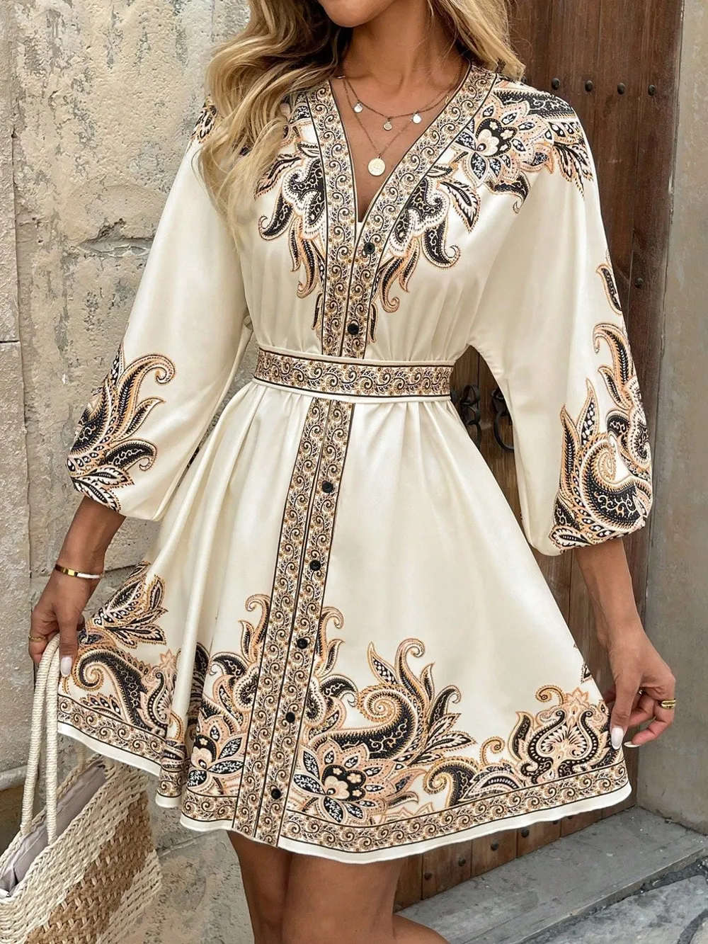 Printed V-Neck Balloon Sleeve Mini Dress, image 3