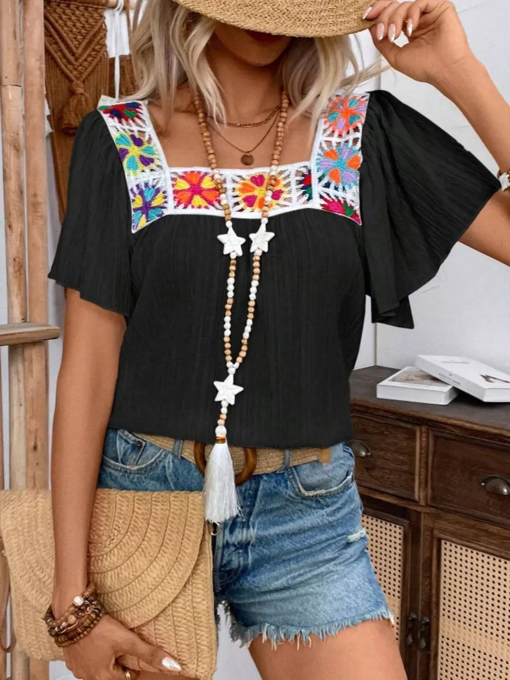 Embroidered Square Neck Flutter Sleeve Blouse, image 11