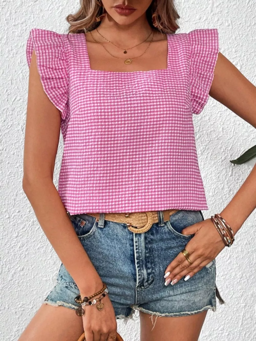Gingham Ruffle Sleeve Square Neck Blouse, image 2