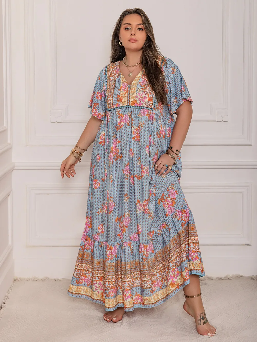 Plus Size Printed Tie Neck Flutter Sleeve Maxi Dress, image 3