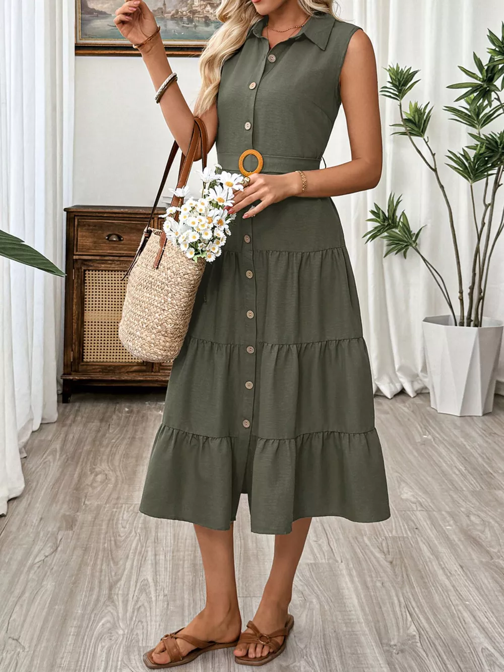 Sleeveless Button-Down Tiered Midi Dress, image 3