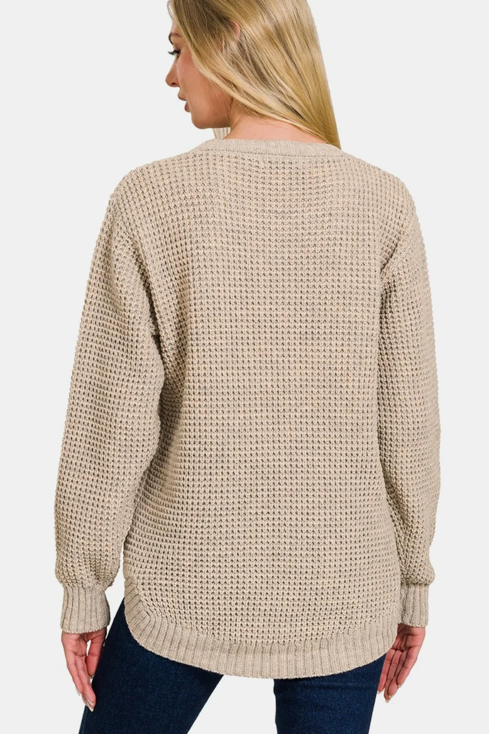High Low Long Sleeve Waffle Sweater, image 2
